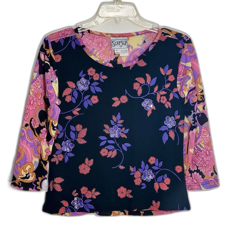 Surya Blouse Top 3/4 Sleeve Floral Embellished Multicolor Stretch Mesh S